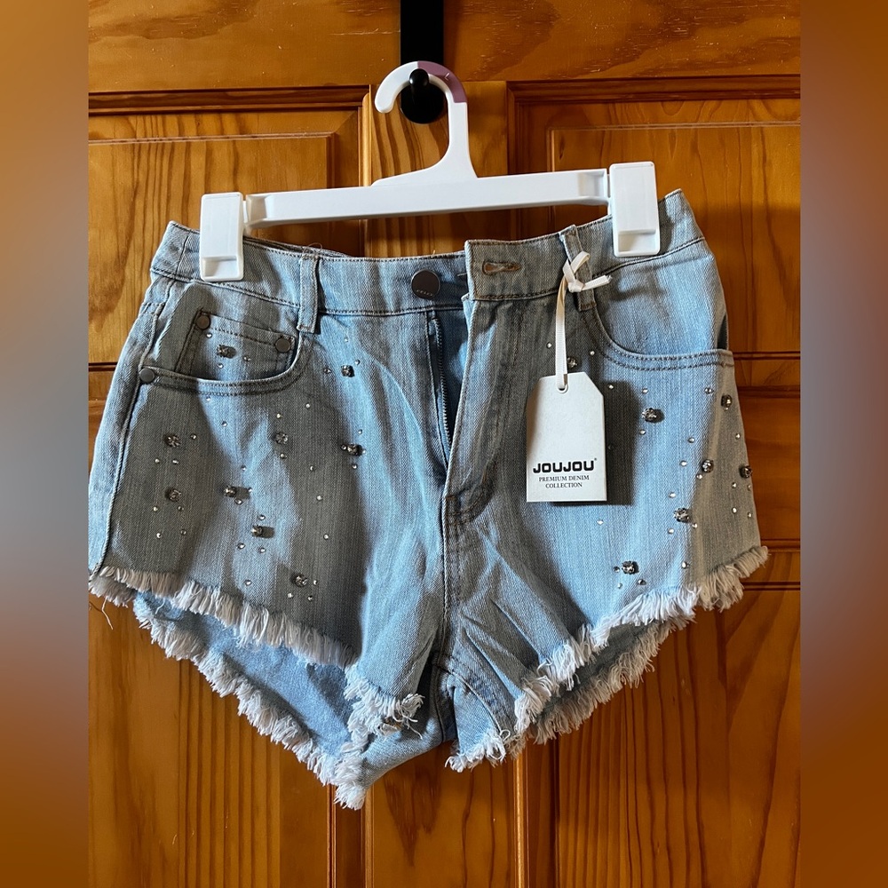 Jou Jou Embellished Rhinestone Jean Shorts Light Blue Frayed Hem Size 7/8